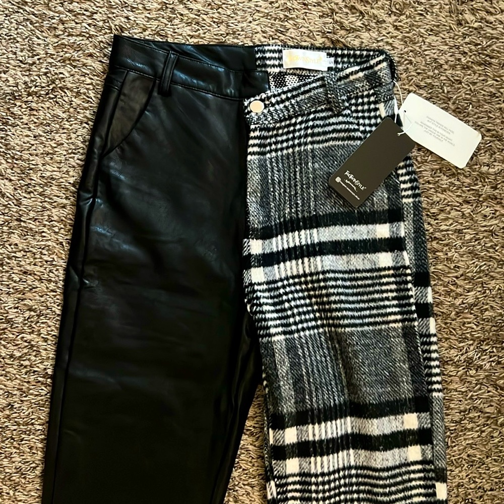 TwoTwinStyle Asymmetric Half Plaid Half Leather Pants
